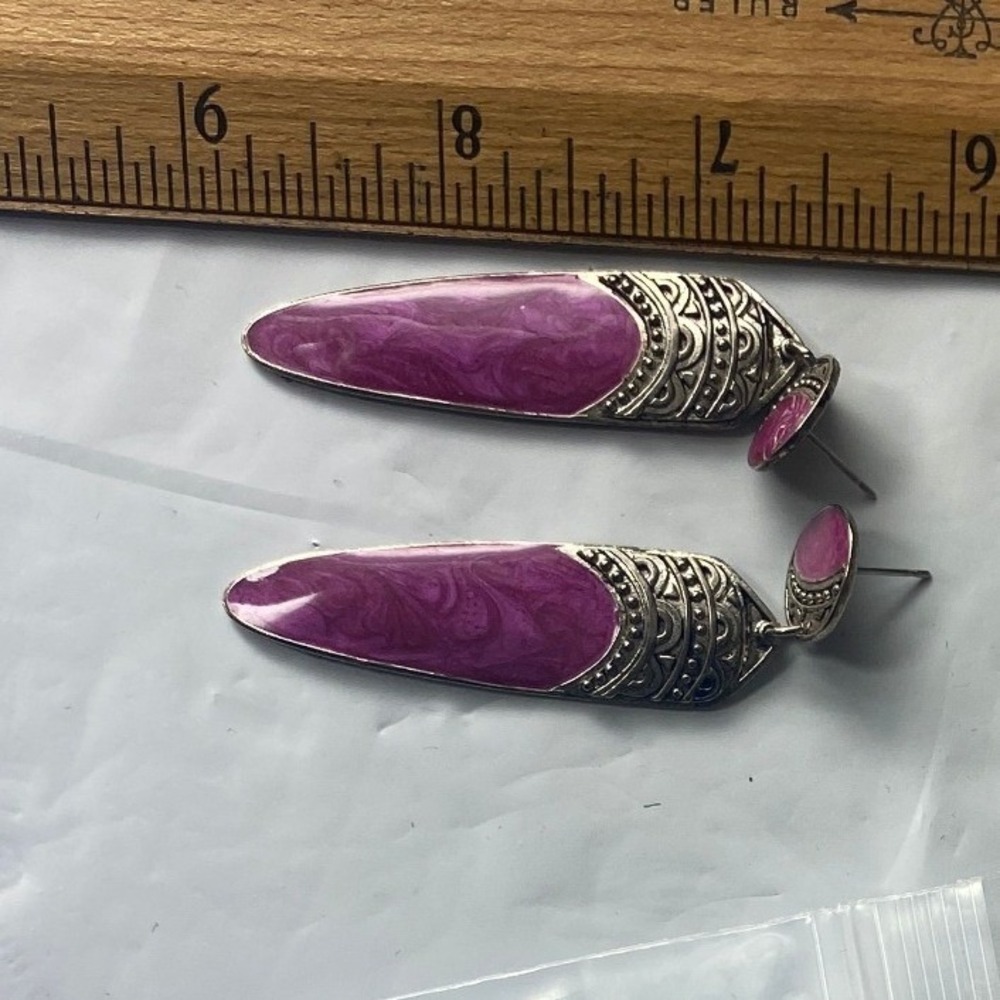 Unique Silver Tone Dangle Earrings with‎ Engraved Logo